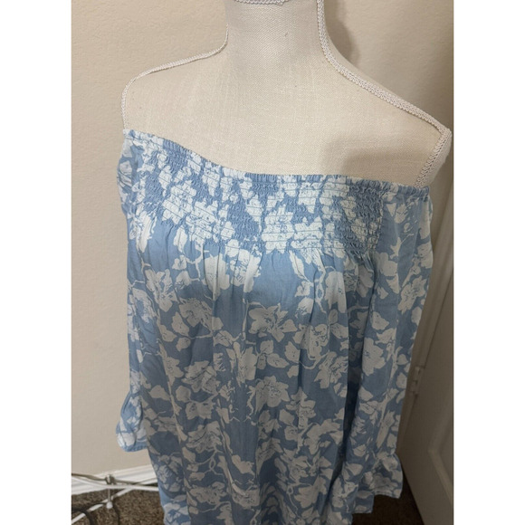 New Directions Womens Blue Floral Smocked Dress Ruffled Peasant sz L lyocell - Picture 2 of 8